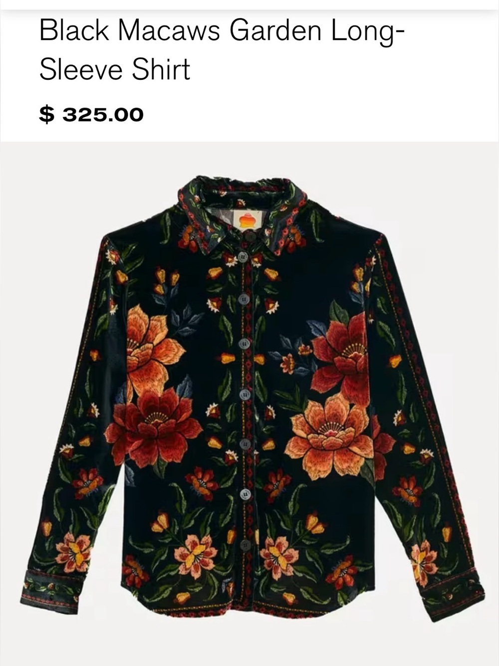 Farm Rio Black Macaws Garden velvet long sleeved blouse NWT oversized Xsmall